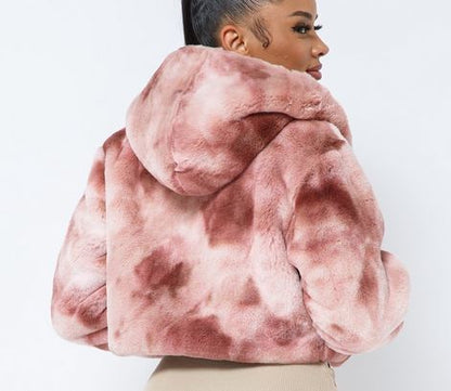 Tie Dye Faux Fur Crop Hooded Coat