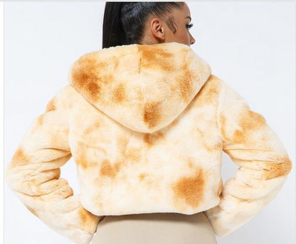 Tie Dye Faux Fur Crop Hooded Coat