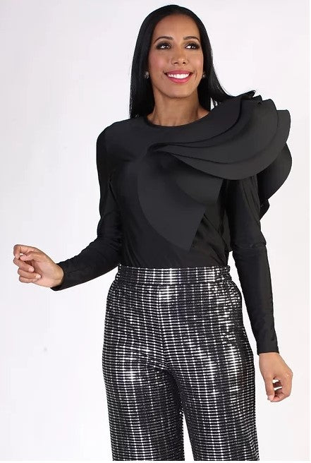 For Her NYC 8687 Woven Top with Scuba Layered/Ruffle Shoulder